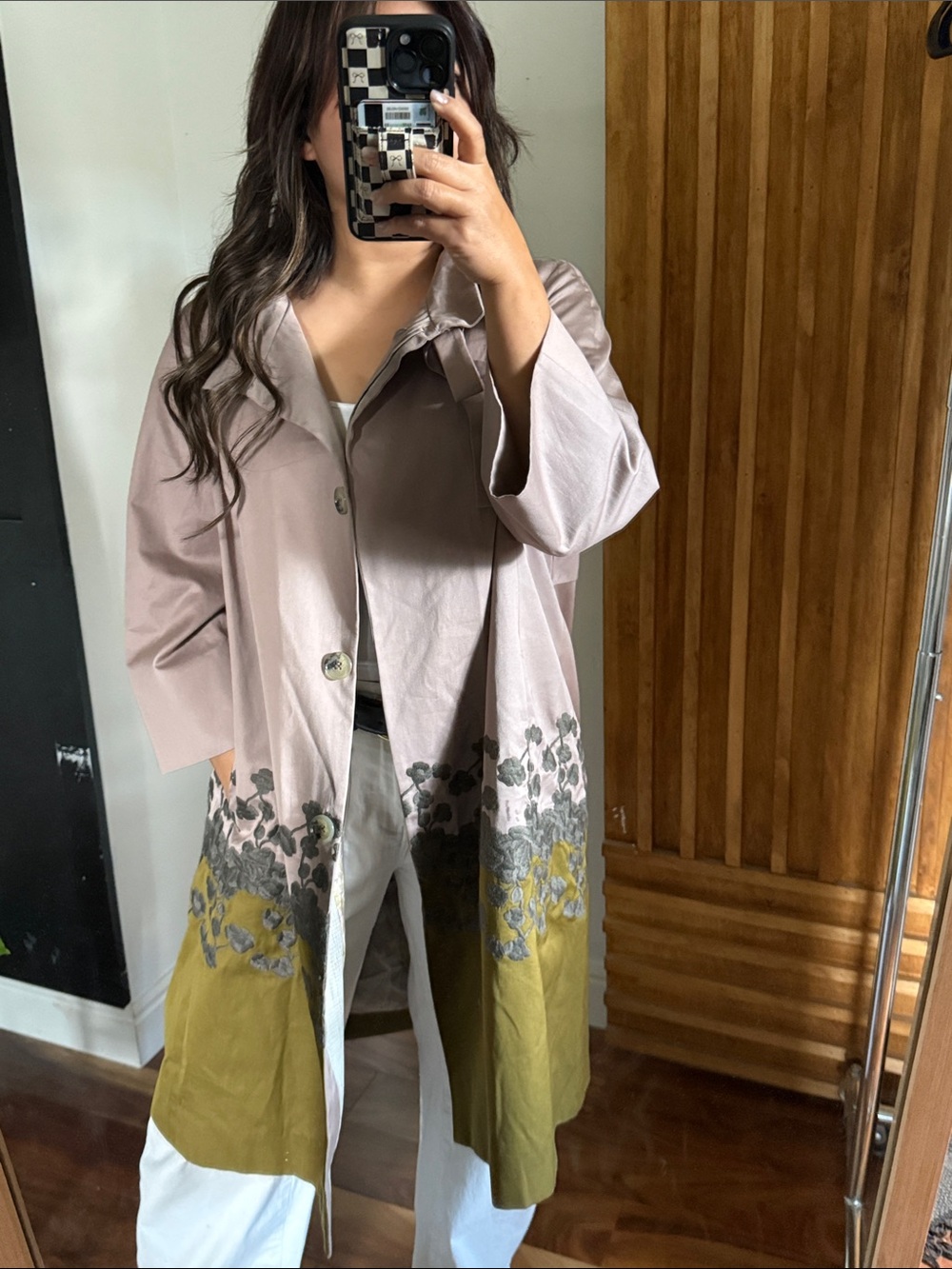 Kenzo Light Lavender Tan Coat with Olive Floral Hem. 36/ Size 4 oversized